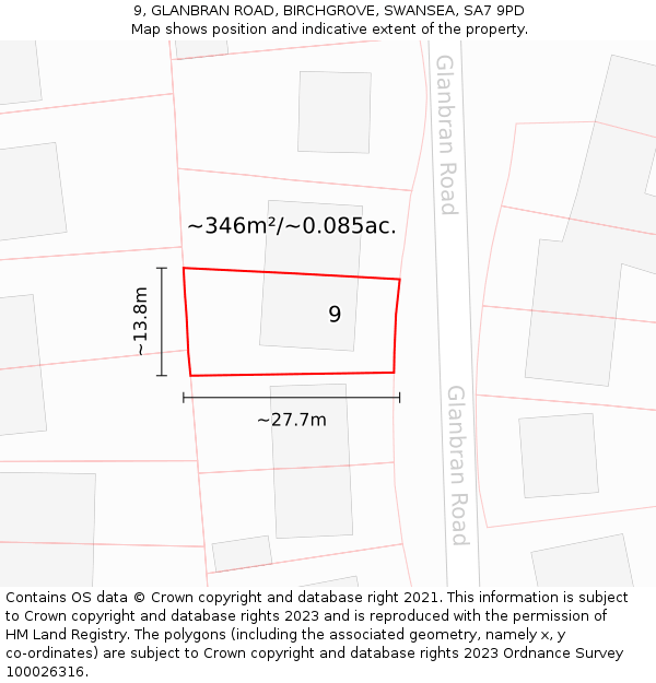 9, GLANBRAN ROAD, BIRCHGROVE, SWANSEA, SA7 9PD: Plot and title map