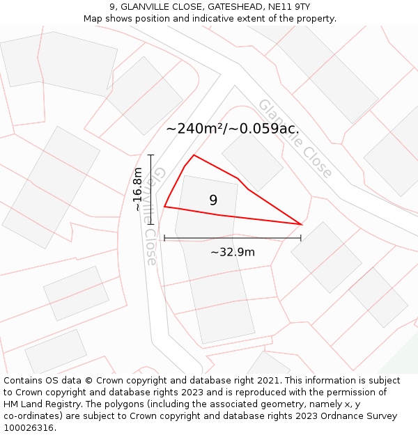 9, GLANVILLE CLOSE, GATESHEAD, NE11 9TY: Plot and title map
