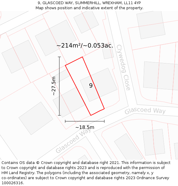 9, GLASCOED WAY, SUMMERHILL, WREXHAM, LL11 4YP: Plot and title map