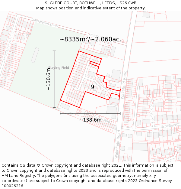 9, GLEBE COURT, ROTHWELL, LEEDS, LS26 0WR: Plot and title map