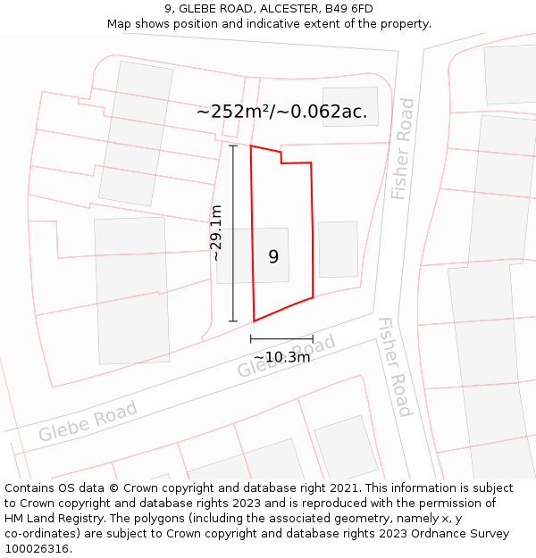 9, GLEBE ROAD, ALCESTER, B49 6FD: Plot and title map