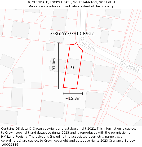 9, GLENDALE, LOCKS HEATH, SOUTHAMPTON, SO31 6UN: Plot and title map