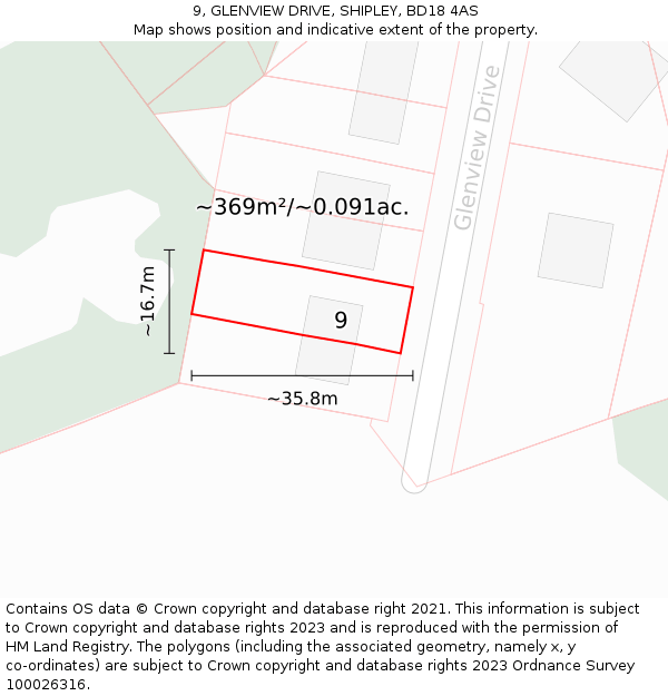 9, GLENVIEW DRIVE, SHIPLEY, BD18 4AS: Plot and title map