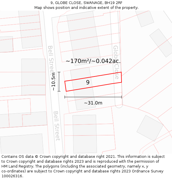9, GLOBE CLOSE, SWANAGE, BH19 2RF: Plot and title map