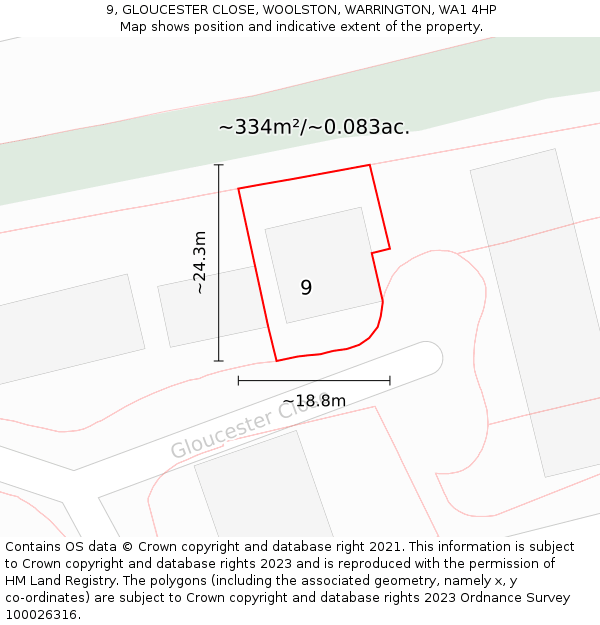 9, GLOUCESTER CLOSE, WOOLSTON, WARRINGTON, WA1 4HP: Plot and title map
