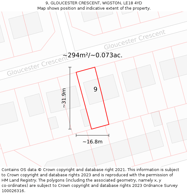 9, GLOUCESTER CRESCENT, WIGSTON, LE18 4YD: Plot and title map