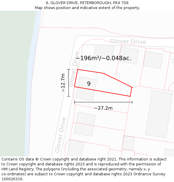 9, GLOVER DRIVE, PETERBOROUGH, PE4 7DE: Plot and title map