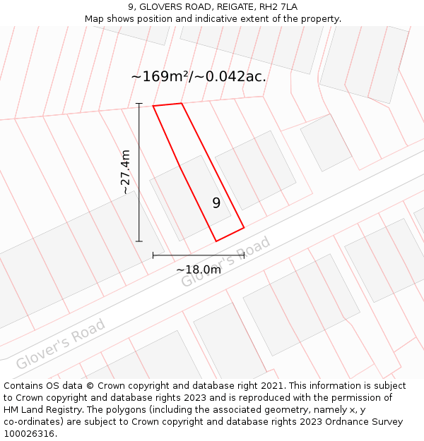 9, GLOVERS ROAD, REIGATE, RH2 7LA: Plot and title map