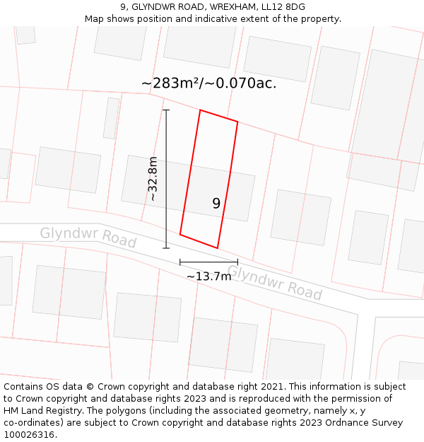 9, GLYNDWR ROAD, WREXHAM, LL12 8DG: Plot and title map