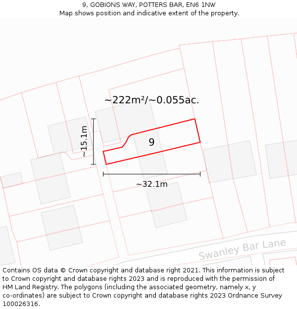9, GOBIONS WAY, POTTERS BAR, EN6 1NW: Plot and title map