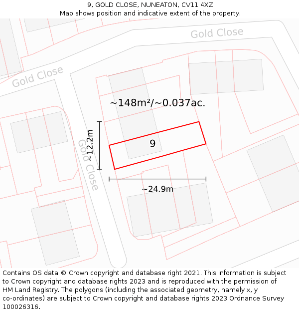 9, GOLD CLOSE, NUNEATON, CV11 4XZ: Plot and title map
