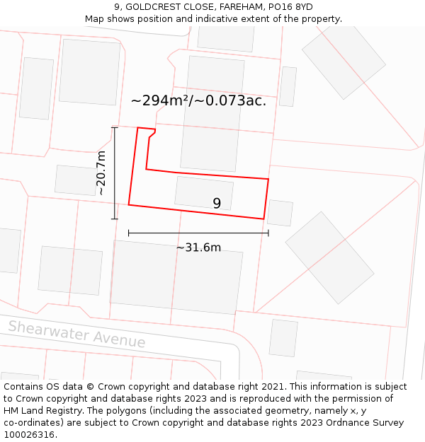 9, GOLDCREST CLOSE, FAREHAM, PO16 8YD: Plot and title map
