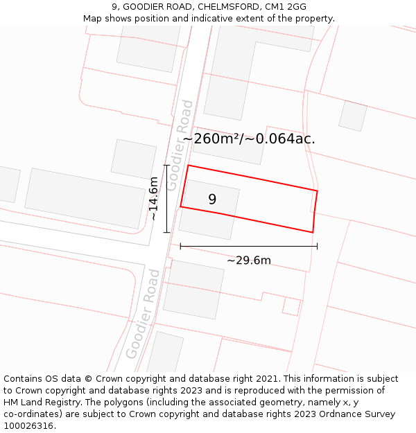 9, GOODIER ROAD, CHELMSFORD, CM1 2GG: Plot and title map