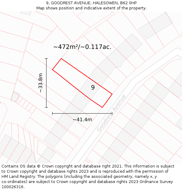 9, GOODREST AVENUE, HALESOWEN, B62 0HP: Plot and title map