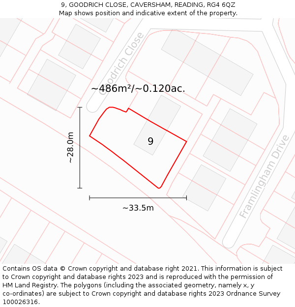 9, GOODRICH CLOSE, CAVERSHAM, READING, RG4 6QZ: Plot and title map