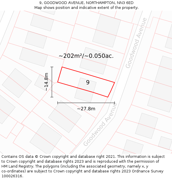 9, GOODWOOD AVENUE, NORTHAMPTON, NN3 6ED: Plot and title map