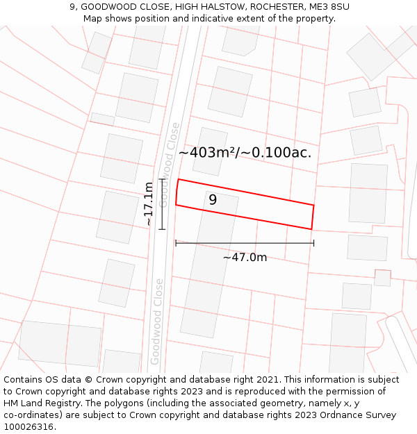 9, GOODWOOD CLOSE, HIGH HALSTOW, ROCHESTER, ME3 8SU: Plot and title map