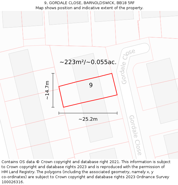 9, GORDALE CLOSE, BARNOLDSWICK, BB18 5RF: Plot and title map