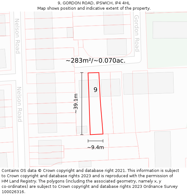 9, GORDON ROAD, IPSWICH, IP4 4HL: Plot and title map
