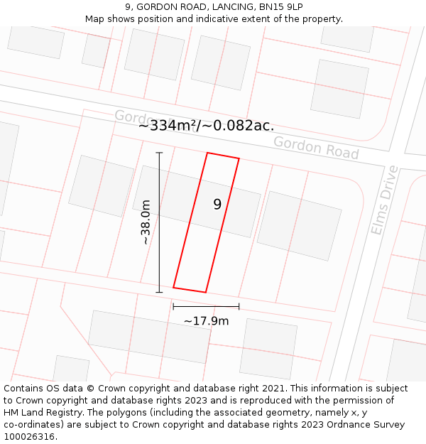 9, GORDON ROAD, LANCING, BN15 9LP: Plot and title map