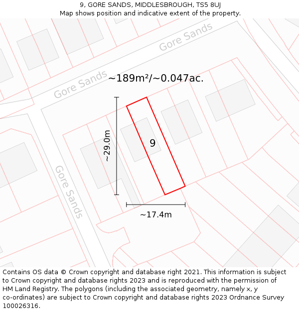 9, GORE SANDS, MIDDLESBROUGH, TS5 8UJ: Plot and title map