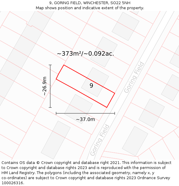 9, GORING FIELD, WINCHESTER, SO22 5NH: Plot and title map
