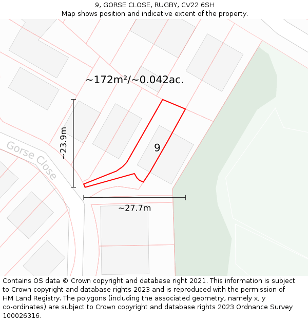 9, GORSE CLOSE, RUGBY, CV22 6SH: Plot and title map