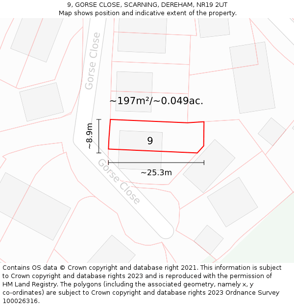 9, GORSE CLOSE, SCARNING, DEREHAM, NR19 2UT: Plot and title map