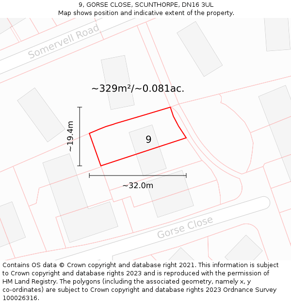 9, GORSE CLOSE, SCUNTHORPE, DN16 3UL: Plot and title map