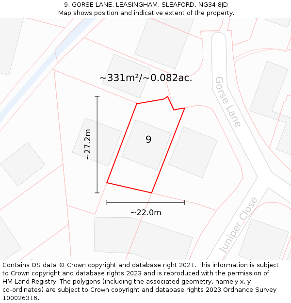 9, GORSE LANE, LEASINGHAM, SLEAFORD, NG34 8JD: Plot and title map