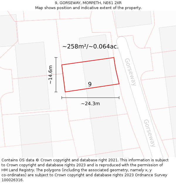 9, GORSEWAY, MORPETH, NE61 2XR: Plot and title map