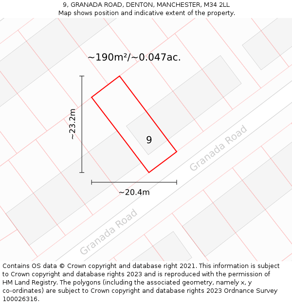 9, GRANADA ROAD, DENTON, MANCHESTER, M34 2LL: Plot and title map