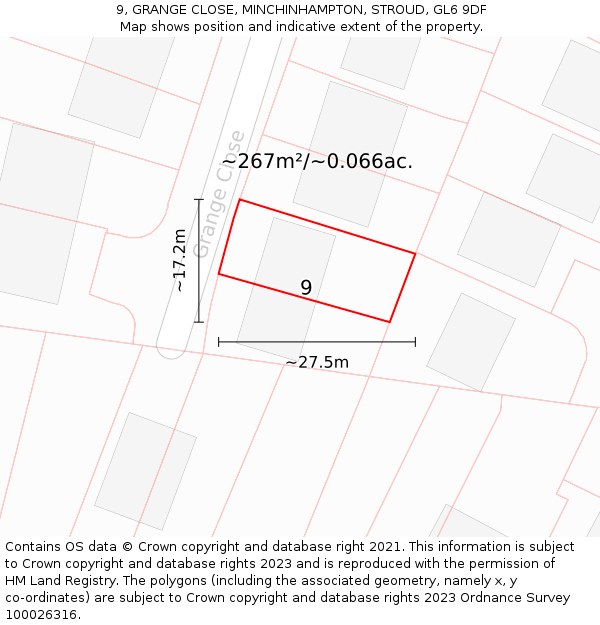 9, GRANGE CLOSE, MINCHINHAMPTON, STROUD, GL6 9DF: Plot and title map