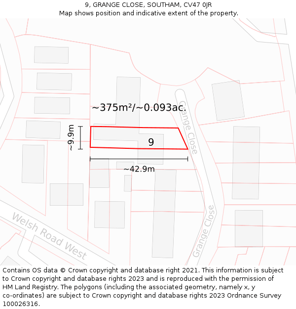 9, GRANGE CLOSE, SOUTHAM, CV47 0JR: Plot and title map