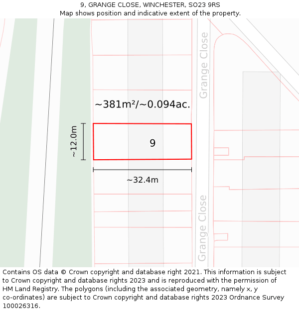 9, GRANGE CLOSE, WINCHESTER, SO23 9RS: Plot and title map