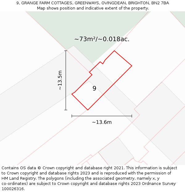 9, GRANGE FARM COTTAGES, GREENWAYS, OVINGDEAN, BRIGHTON, BN2 7BA: Plot and title map