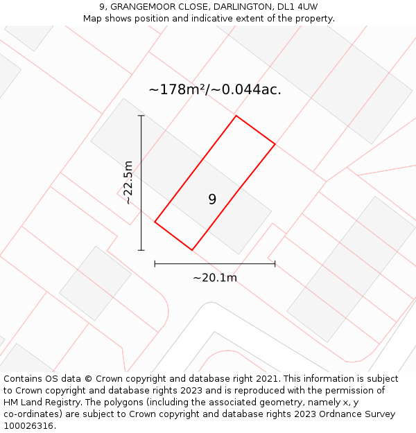 9, GRANGEMOOR CLOSE, DARLINGTON, DL1 4UW: Plot and title map
