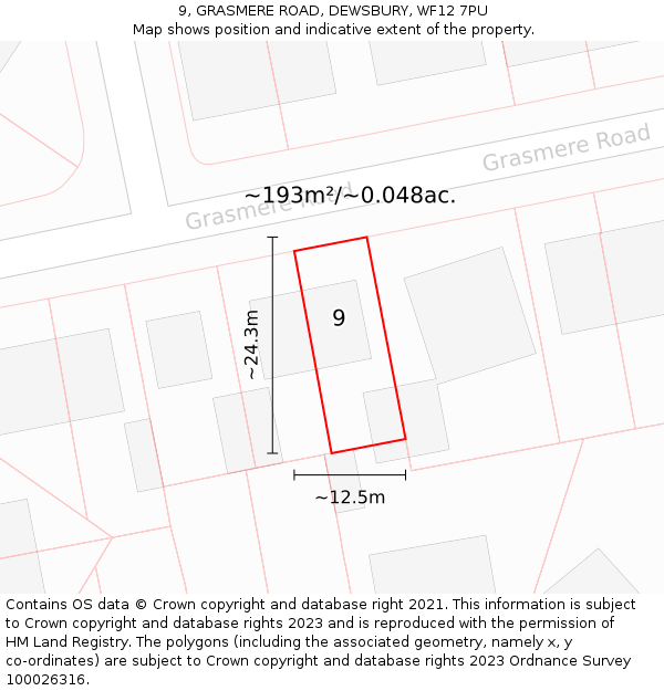 9, GRASMERE ROAD, DEWSBURY, WF12 7PU: Plot and title map