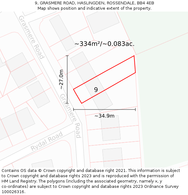 9, GRASMERE ROAD, HASLINGDEN, ROSSENDALE, BB4 4EB: Plot and title map