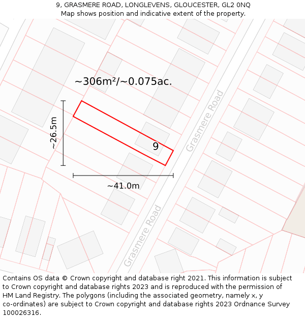 9, GRASMERE ROAD, LONGLEVENS, GLOUCESTER, GL2 0NQ: Plot and title map