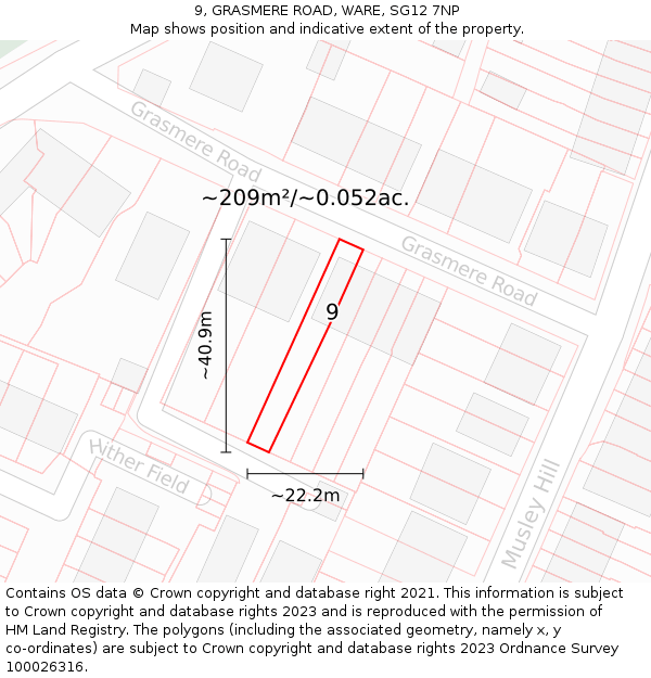 9, GRASMERE ROAD, WARE, SG12 7NP: Plot and title map