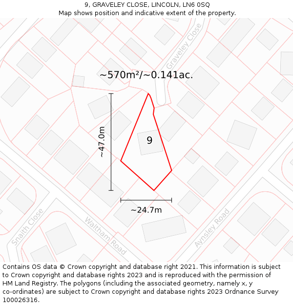 9, GRAVELEY CLOSE, LINCOLN, LN6 0SQ: Plot and title map