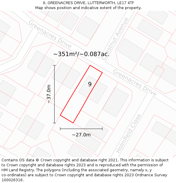 9, GREENACRES DRIVE, LUTTERWORTH, LE17 4TF: Plot and title map