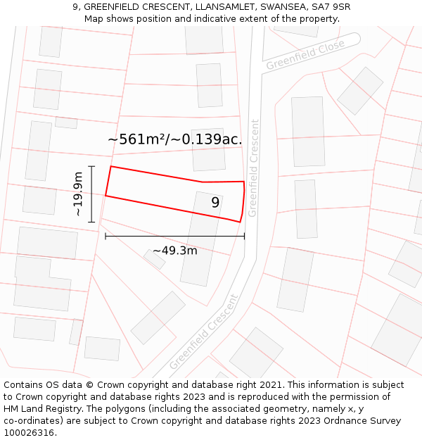 9, GREENFIELD CRESCENT, LLANSAMLET, SWANSEA, SA7 9SR: Plot and title map