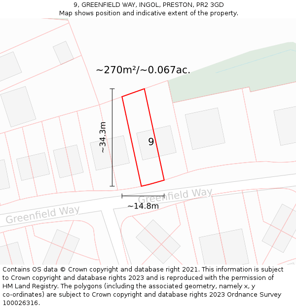 9, GREENFIELD WAY, INGOL, PRESTON, PR2 3GD: Plot and title map
