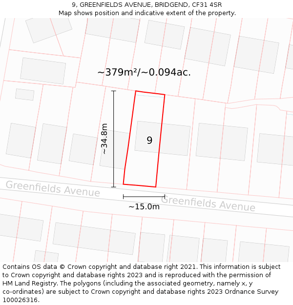 9, GREENFIELDS AVENUE, BRIDGEND, CF31 4SR: Plot and title map