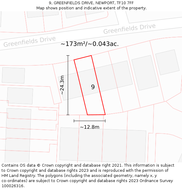 9, GREENFIELDS DRIVE, NEWPORT, TF10 7FF: Plot and title map