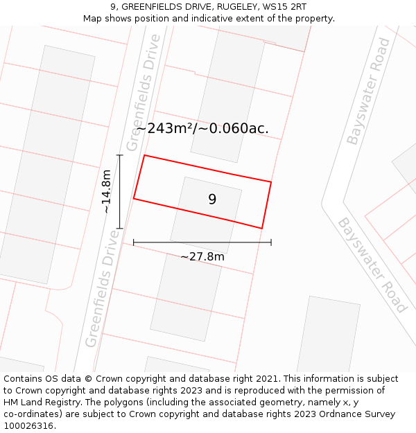 9, GREENFIELDS DRIVE, RUGELEY, WS15 2RT: Plot and title map