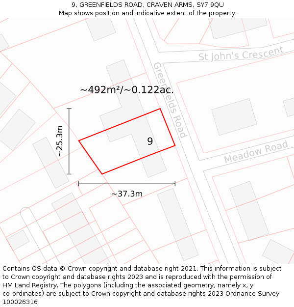 9, GREENFIELDS ROAD, CRAVEN ARMS, SY7 9QU: Plot and title map