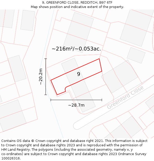 9, GREENFORD CLOSE, REDDITCH, B97 6TF: Plot and title map